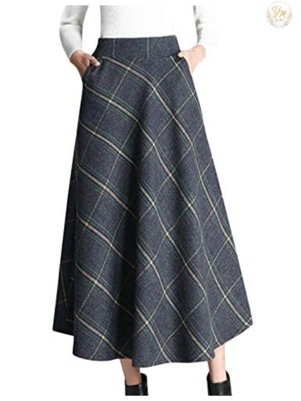 Wool Blend Plaid A-Line Midi Skirt High Waist Pleated Women's